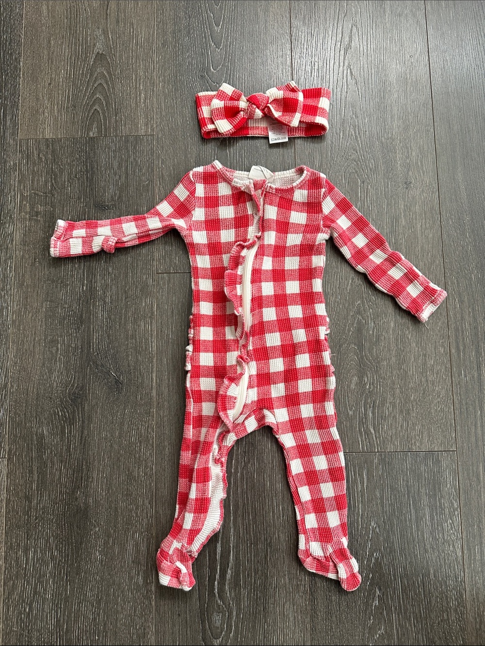 SpearmintLOVE Red gingham Baby Footie One-Piece with Headband